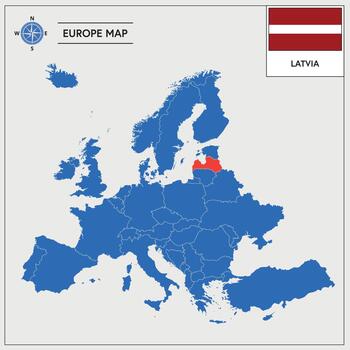 Europe Map with Latvia Map Highlighted vector