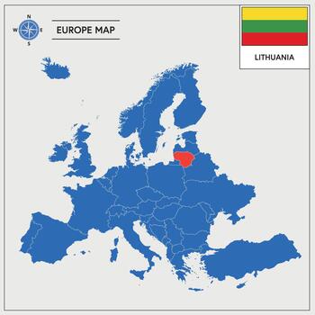 Europe Map with Lithuania Map Highlighted vector