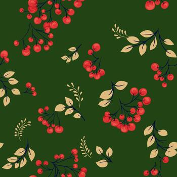 sin costura modelo con vívido rojo baya racimos y suave beige hojas en un profundo verde antecedentes. un negrita botánico diseño Perfecto para estacional textiles, embalaje, y decoración proyectos vector