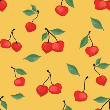 Playful seamless pattern with bright red cherries, glossy highlights, and scattered green leaves on a warm yellow background, creating a cheerful fruity design for modern surfaces vector