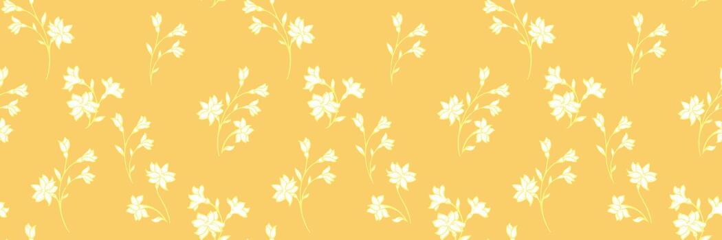 sin costura floral modelo con suave blanco flores y esbelto tallos en un calentar amarillo fondo, creando un brillante y elegante botánico diseño Perfecto para textiles y moderno decoración vector