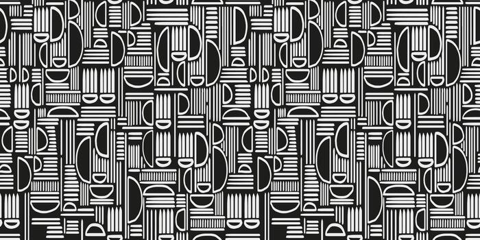Seamless pattern with hand-drawn geometric shapes and lines in black and white. Playful and bold design for textiles, wrapping paper, backgrounds, and abstract creative projects vector