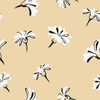 sin costura modelo con expresivo blanco floral bocetos acentuado en negro en un calentar beige fondo, creando un moderno, minimalista botánico diseño ideal para textiles y decoración vector