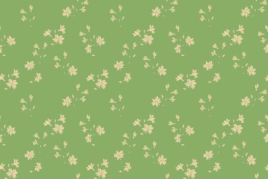 Soft seamless pattern with tiny cream floral clusters scattered over a muted green background, creating a gentle, natural and airy botanical design perfect for fabrics vector