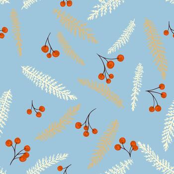Seamless pattern with delicate fir like branches in cream and gold tones paired with small red berry clusters on a soft blue background, creating a light, natural, and festive look vector