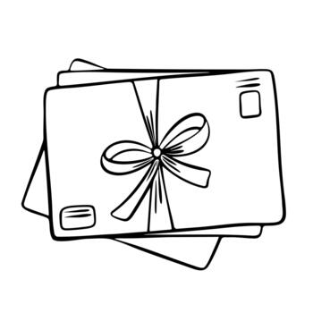 Hand-drawn illustration of several paper envelopes tied with ribbon. Sending a parcel with a postcard. Outline doodle illustration of a stack of letters. vector