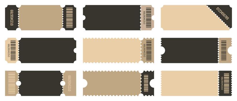 A set of blank retro ticket templates with barcodes in beige and brown tones vector