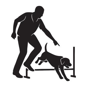 Man training a dog to jump over a hurdle, demonstrating obedience and agility exercises vector