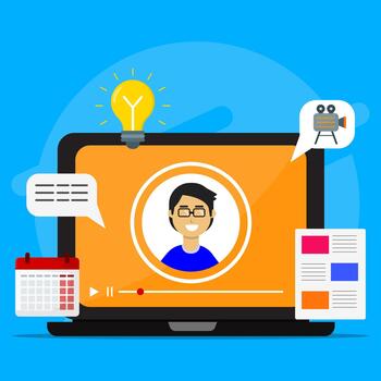 Online presentation on a laptop screen featuring a digital creator. Representing e learning, webinar conference, content creation, communication, and modern multimedia education. vector
