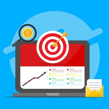 Digital marketing analytics concept showing a laptop dashboard with target goal, arrow success, growth chart, revenue analysis, and email campaign performance vector
