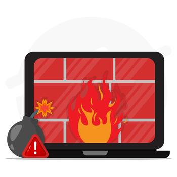 Firewall breach exposing bomb, symbolizing cyber security threat. Suitable for cyber attack concepts, technology articles, and online security materials. vector