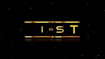 gyllene först text animering med först brev i ram på svart bakgrund. lysande prickar grafisk effekter video