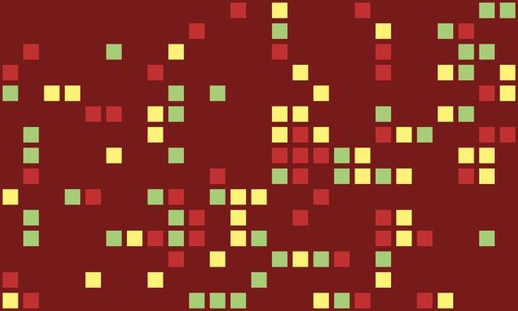 Abstract pixel art background. Red, yellow, and green squares scattered on a maroon backdrop create a vibrant, playful, and modern design. vector