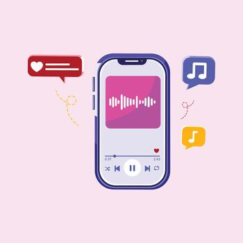 A modern illustration of a smartphone music player interface with sound waves and media icons representing digital audio streaming. vector