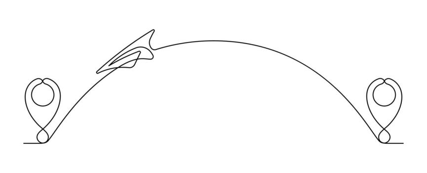 Continuous one line paper airplane route from location pin A to B vector