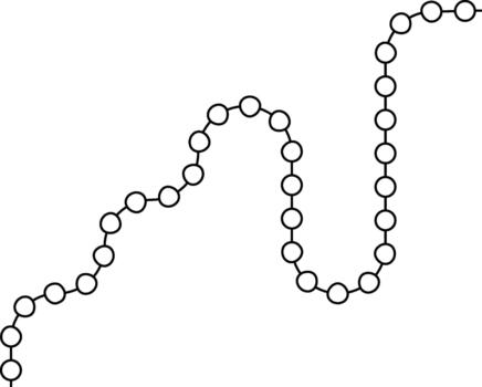 Circular nodes move in connected succession along a path that forms bends and arcs. vector