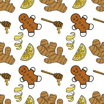 un encantador modelo presentando jengibre raíces, limón rebanadas, pan de jengibre hombres, y goteo Miel, ideal para festivo o culinario temas vector