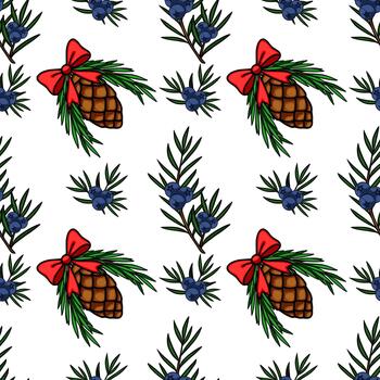 un encantador sin costura modelo presentando pino conos adornado con rojo arcos y ramitas de enebro bayas, Perfecto para festivo antecedentes. vector