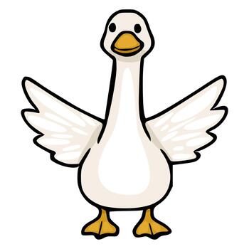 Charming illustration of a friendly goose with outstretched wings, featuring a simple, clean design and a playful expression. vector