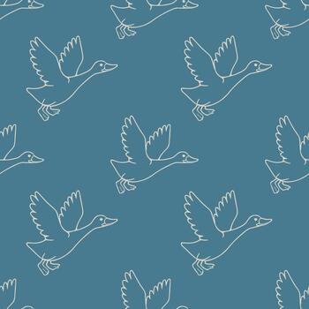 Seamless pattern of stylized flying geese with cream outlines on a muted teal background, evoking a sense of calm migration. vector