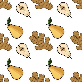A vibrant pattern featuring whole and halved pears alongside textured ginger roots, creating a fresh and natural background for culinary or health related themes. vector
