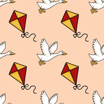 Seamless pattern featuring whimsical white geese in flight with vibrant red and yellow kites against a soft peach background, evoking a playful and cheerful atmosphere. vector