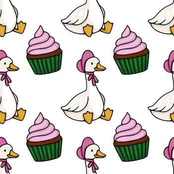 encantador modelo presentando linda gansos en gorros junto a escarchado pastelitos, creando un caprichoso y dulce visual para antecedentes y decoración. vector