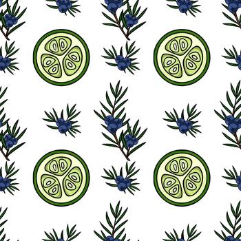 un repitiendo modelo presentando estilizado enebro bayas en ramas y cruzar secciones de Pepino rebanadas, conjunto en contra un limpiar blanco fondo, evocando un Fresco y botánico estético. vector