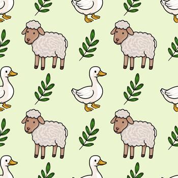 encantador sin costura modelo presentando mullido oveja y blanco patos intercalado con delicado verde ramitas en un suave pastel antecedentes. vector