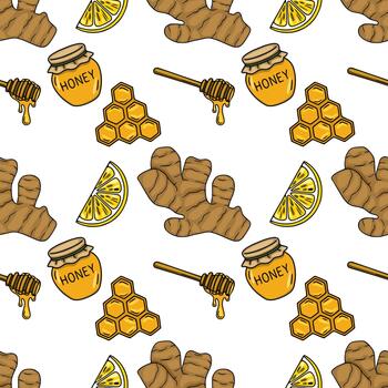 A delightful pattern featuring fresh ginger roots, vibrant lemon slices, jars of honey, and dripping honey dippers, creating a warm and inviting background. vector