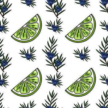 sin costura modelo presentando vibrante Lima rebanadas y delicado enebro ramas con profundo azul bayas, evocando un Fresco y botánico estético. vector