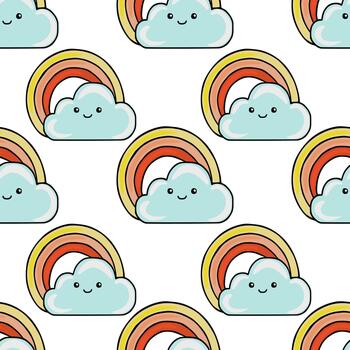 Adorable seamless pattern of smiling clouds and colorful rainbows with a playful, cheerful aesthetic. vector