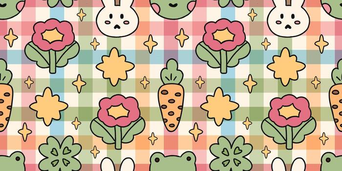 kawaii modelo con conejitos, ranas, flores, tréboles y zanahorias en un suave pastel a cuadros antecedentes. juguetón simpático caracteres crear un calentar alegre ánimo, Perfecto para niños temas y encantador Delaware vector