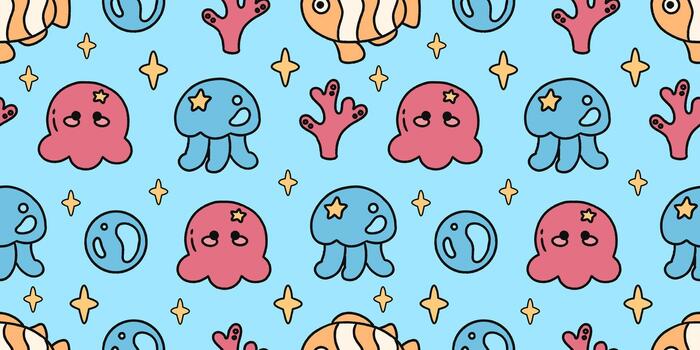 Kawaii ocean pattern with jellyfish, fish, seashells and little stars on a soft blue background. Fun sea elements with gentle outlines create a playful marine mood for kids themes, fabric prints and s vector