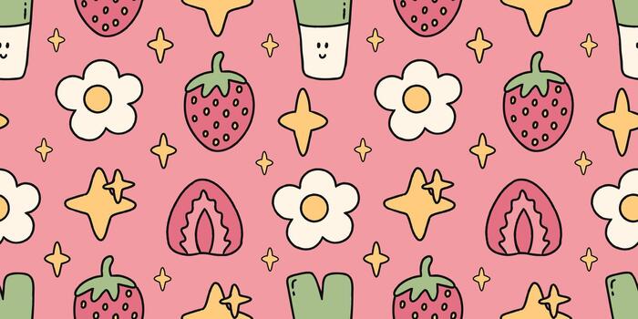 kawaii modelo con fresas, flores, cactus ollas y brillante estrella formas en un suave rosado antecedentes. simpático redondeado formas y calentar tonos crear un dulce estado animico para niños temas, tela huellas dactilares vector