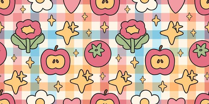 Kawaii pattern with apples, tomatoes, flowers and soft stars on a pastel checkered background. Friendly shapes and warm colors create a cozy playful mood, ideal for kids themes, fabric prints and char vector
