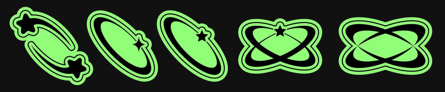 Y2K smooth neon green abstract shapes in a row on black background, layered rounded frames with star cutout, dynamic futuristic design elements for banners, labels, stickers and layout decor. vector