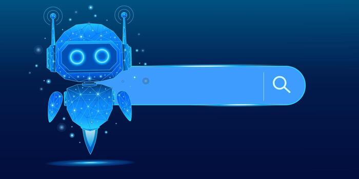 futurista ai robot mascota con poligonal malla diseño, flotante siguiente a un vacío buscar bar con un resplandor efecto, representando avanzado buscar tecnología vector