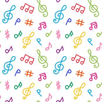 Seamless pattern with various musical notes and treble clef drawings in colorful doodle style. Hand drawn sketch pattern with playful childlike lines, repeating pattern with music icons. vector