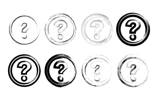 A detailed set of hand drawn, textured question mark icons designed in a circular stamp style. Perfect for designers needing expressive question symbols for web UI, FAQ buttons, marketing materials. vector