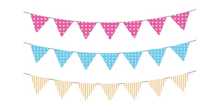 Colorful bunting flags set with heart, star, and stripe patterns vector