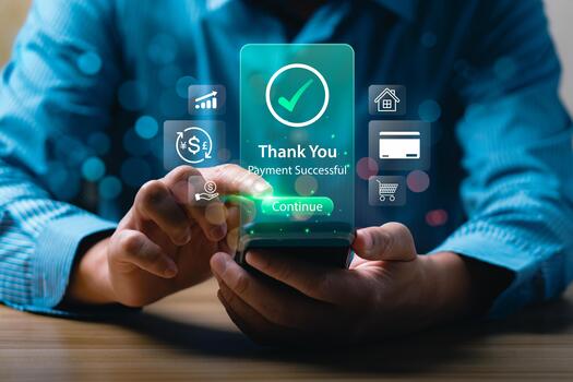 Businessman using smartphone for online payment confirmation with digital banking app interface showing Payment Successful message, fintech innovation, secure transaction, mobile financial technology photo