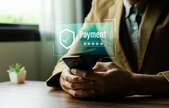 Secure online payment and financial technology concept with user using smartphone and laptop for safe transaction, digital wallet, mobile banking, ecommerce checkout, data protection, cybersecuri photo