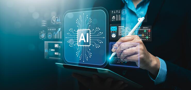 Artificial intelligence innovation in digital business with businessman using smart stylus and tablet to interact with virtual AI interface for data analysis, automation, predictive insight technology photo