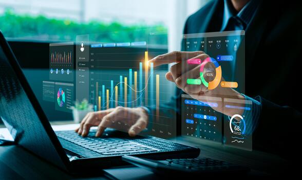Financial data visualization with digital charts and analytics dashboard, showing business growth, performance metrics, and innovation, representing financial analysis, big data, business intelligence photo