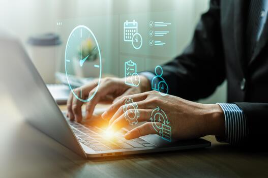 Time management and productivity concept with person typing on laptop surrounded by digital clock, calendar, checklist, workflow icons, symbolizing task scheduling, efficiency, effective organizatio photo