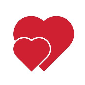 Two overlapping red hearts symbolizing love, connection, and affection on clean white background illustration vector