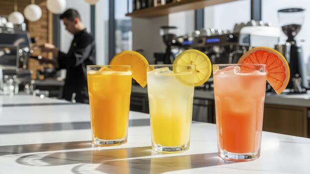 Three refreshing citrus cocktails with garnishes on a bar counter with a bartender in the background. photo
