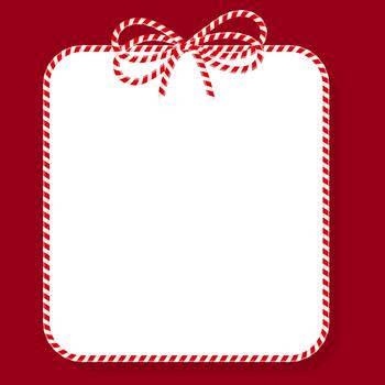 A square white Christmas frame on a red background. An empty text area with a gift tied with red cotton twine and ribbons is perfect for New Year's or holiday packaging. vector