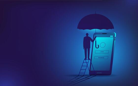 A man with an umbrella protects his profile on a mobile phone from hacker attacks. vector